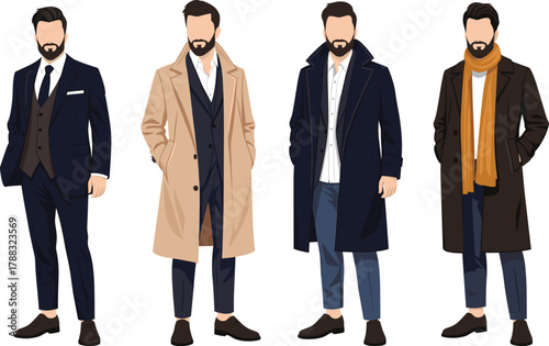 Elegant Winter Menswear Fashion Illustration Featuring Formal and Semi-Formal Outfits with Overcoats, Scarves, Suits, and Stylish Accessories