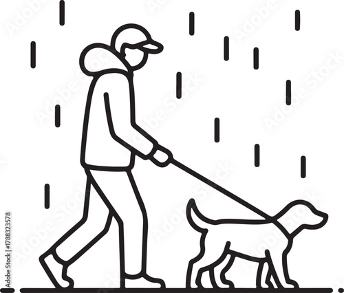 Person walking dog in the rain line art illustration