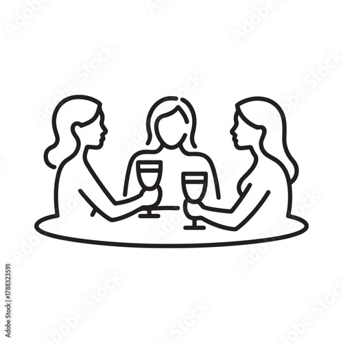 Three women toasting with wine glasses at a table
