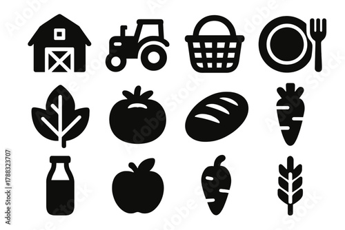 Farm-to-Table Icons. Farm-to-Table Models silhouette icon set: barn, tractor, basket, plate, fork, leaf, tomato, bread, carrot, milk bottle, apple, wheat.