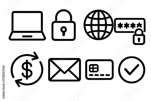 Digital Security Icons. Secure Transactions linear icon set: laptop, padlock, globe, password icon, money transfer arrows, envelope, card chip, check mark.