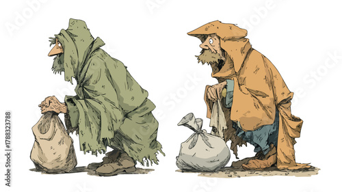 Desperate Homeless People in Tattered Rags Begging