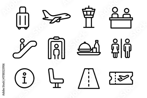 Airport Icon Set. Terminal Essentials linear icon set: luggage, airplane, control tower, check-in desk, escalator, security gate, food tray, restroom sign, information icon, seat,