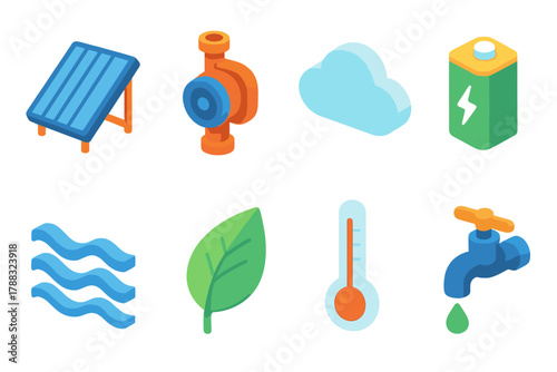 Eco Heating Icons. Eco Heating modern flat icons set: solar collector, pump, cloud, battery, water wave, leaf, thermometer, faucet.