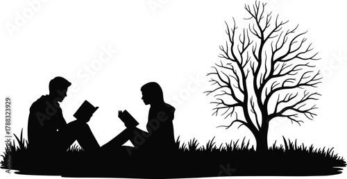 Silhouette of two people reading books outdoors under leafless tree in peaceful nature scene with grass and quiet atmosphere
