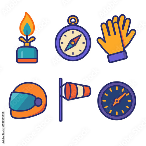 Pilot Gear Icons. Pilot Gear modern flat icons set: burner flame, compass, gloves, helmet, wind flag, altimeter.