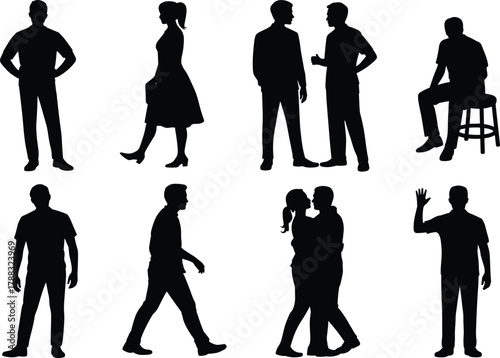 Silhouette people in various poses, walking, talking, sitting, standing, waving, interacting, casual human figures for design and reference use