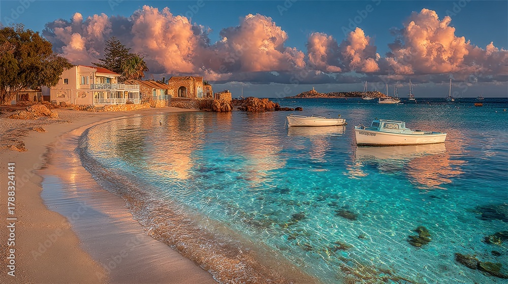 Obraz premium Golden light blending with pastel pink clouds over a serene bay, gentle ripples reflecting warm evening glow, tranquil and romantic mood