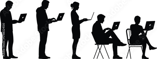 Silhouettes of People Using Laptops in Various Postures for Remote Work, Study, Technology, Productivity, and Digital Lifestyle Concepts