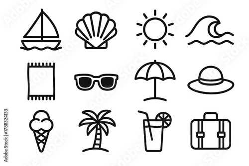 Coastal Icons Collection. Coastal Escape linear icon set: sailboat, shell, sun, wave, towel, sunglasses, umbrella, hat, ice cream, palm tree, drink, suitcase.
