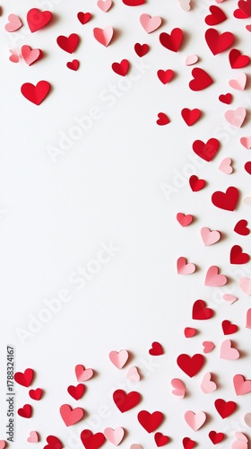 Heart Shapes in Various Shades of Red and Pink Scattered on a White Backgroun...