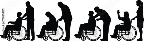 Wheelchair user and caregiver silhouette interaction set showing assistance, communication, inclusion, and support in accessible lifestyle scenes