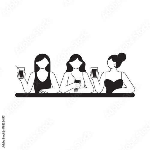Three women enjoying drinks at a bar in a minimalist line art style