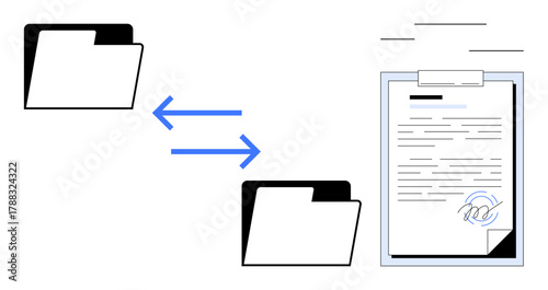 Two folders exchange files via arrows, leading to a signed document on a clipboard. Ideal for file transfer, collaboration, digital agreements, workflow, document management, e-signatures, and data