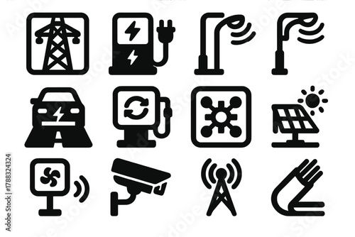 Smart Infrastructure Icons. Smart infrastructure silhouette icon set: energy grid, charging station, traffic sensor, smart lamp post, EV road, water recycling unit, control hub,