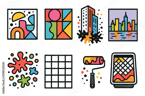 Neon Urban Art. Modern City Murals linear icon set: abstract shapes, geometric design, neon color, tall building wall, paint splatter, skyline reflection, pattern grid, roller tray