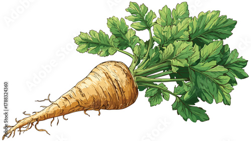 Freshly Harvested Parsnip with Roots and Lush Top Leaves Vector Illustration