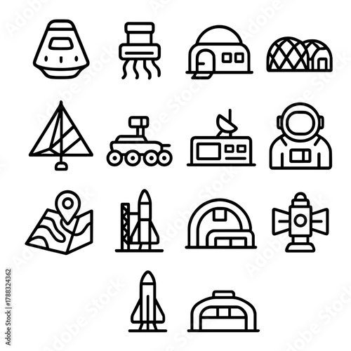 Futuristic Space Icons. Future missions linear icon set: space capsule, ion thruster, lunar base, mars colony, solar sail, drone rover, command center, astronaut, 3D map, launchpad