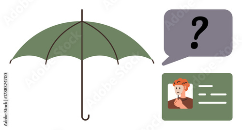 Green umbrella signifies safety, ID card with profile and question mark implies identity or security inquiry. Ideal for privacy, protection, identification, insurance, personal data, compliance