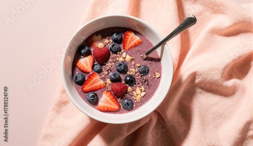 Berry smoothie bowl overhead - ultra realistic food photo