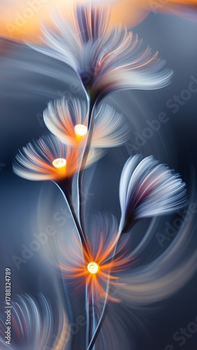 Ethereal symmetrical floral bloom with glowing motion-blurred petals in white, blue, orange