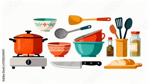 A collection of noodle delicacies, cartoon hand-drawn vector illustrations, dumplings, noodles, shumai, steamed buns, mantou, and bread