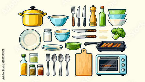 Kitchenware collection, cartoon hand-drawn vector illustrations, forks, spoons, bowls, chopsticks, POTS, basins, seasonings, microwave ovens, knives, stoves, ovens, aprons, gloves