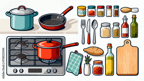 Kitchenware collection, cartoon hand-drawn vector illustrations, forks, spoons, bowls, chopsticks, POTS, basins, seasonings, microwave ovens, knives, stoves, ovens, aprons, gloves