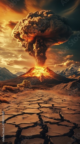 Erupting Volcano Creates Massive Ash Cloud Over Barren Landscape at Sunset