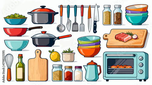 Kitchenware collection, cartoon hand-drawn vector illustrations, forks, spoons, bowls, chopsticks, POTS, basins, seasonings, microwave ovens, knives, stoves, ovens, aprons, gloves