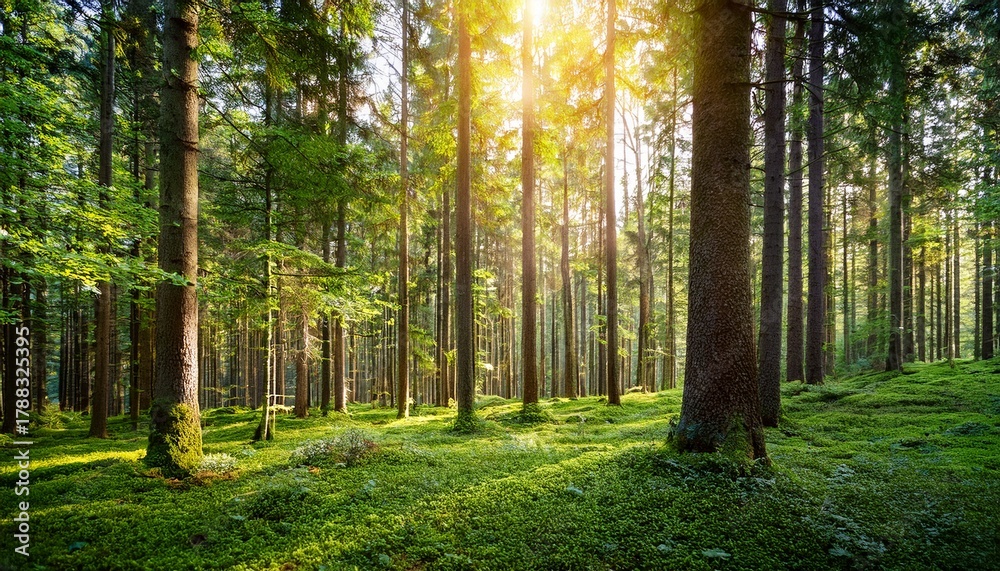 Fototapeta premium sunlit green forest floor with tall trees