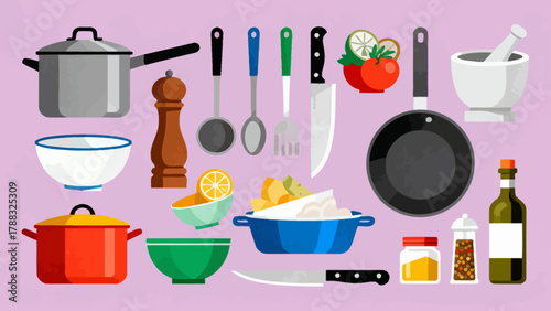 Kitchenware collection, cartoon hand-drawn vector illustrations, forks, spoons, bowls, chopsticks, POTS, basins, seasonings, microwave ovens, knives, stoves, ovens, aprons, gloves