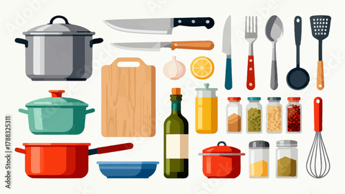 Kitchenware collection, cartoon hand-drawn vector illustrations, forks, spoons, bowls, chopsticks, POTS, basins, seasonings, microwave ovens, knives, stoves, ovens, aprons, gloves