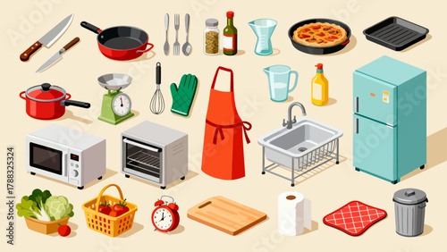 Kitchenware collection, cartoon hand-drawn vector illustrations, forks, spoons, bowls, chopsticks, POTS, basins, seasonings, microwave ovens, knives, stoves, ovens, aprons, gloves