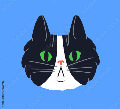Cute funny comic cat. Feline animal head with serious face expression, humorous ridiculous kawaii emotion. Kitty staring, looking with surprised shocked eyes, whiskers. Flat vector illustration.
