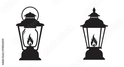 Two vintage kerosene lanterns depicted in a simple black silhouette style