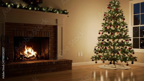 Cozy Christmas Living Room with Fireplace and Tree – Slow Cinematic Pan In
