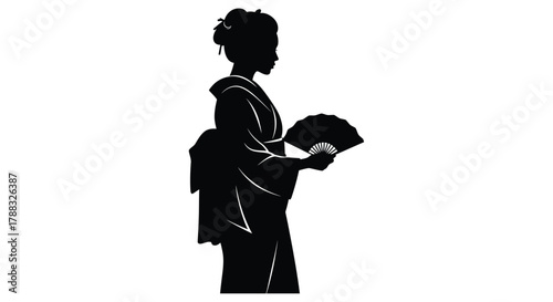 Silhouette of a woman in traditional japanese clothing holding a fan