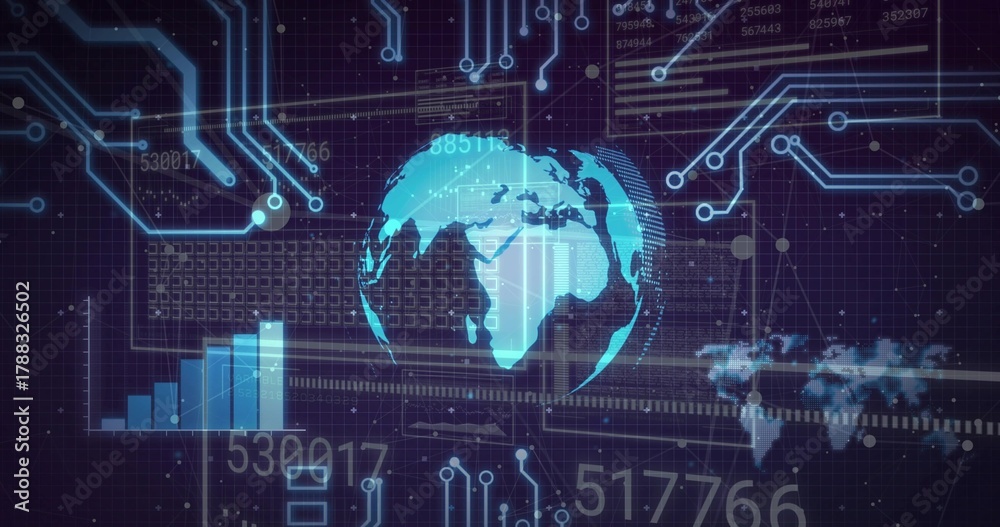 Fototapeta premium Displaying cyan globe floating above dark purple grid HUD, with circuit traces, bars, digits