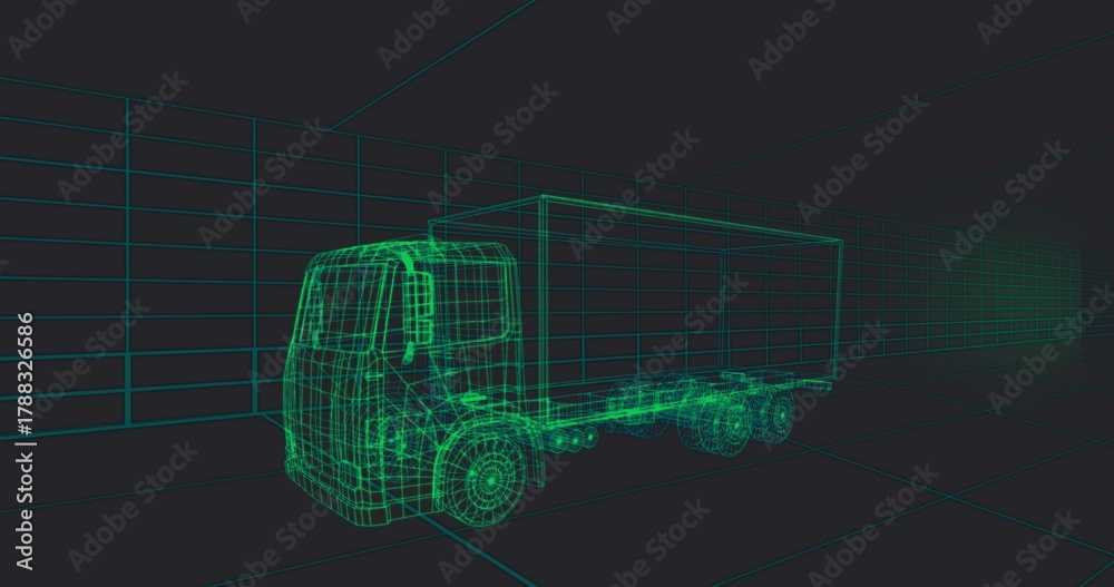 Fototapeta premium Displaying neon-green wireframe box truck showing chassis and wheels in CAD studio, grid guides