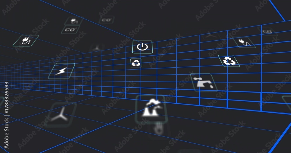 Naklejka premium Glowing central neon-blue grid corridor drawing viewer into virtual 3D space, showing energy icons