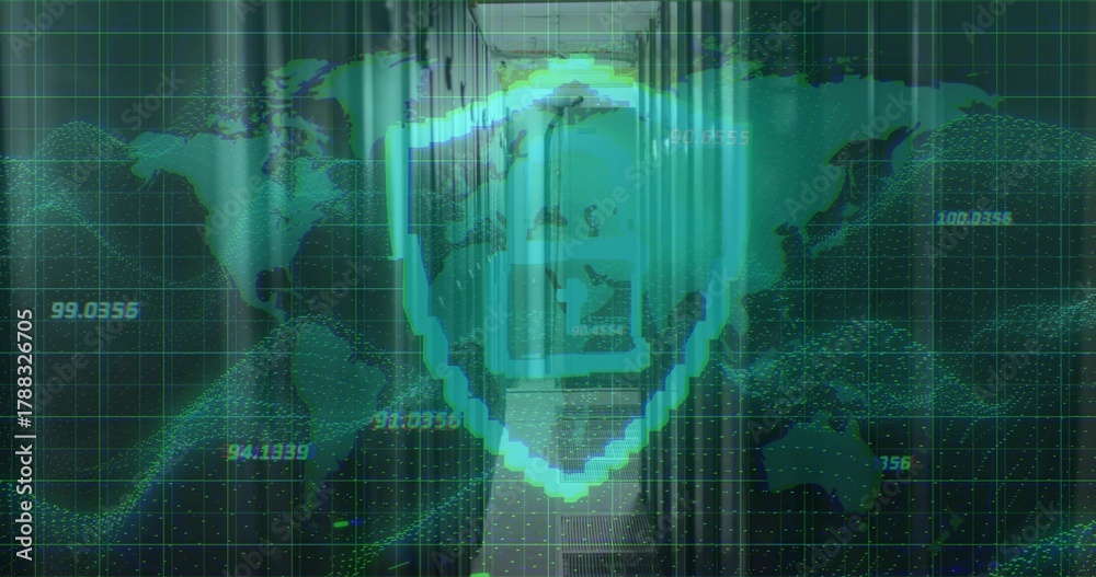 Fototapeta premium Glowing centered pixel shield overlaying datacenter corridor, with world map grid and padlock-door