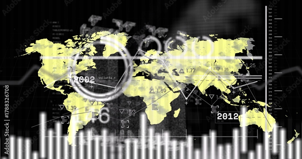 Obraz premium Displaying analytics dashboard featuring yellow world map with circular scan ring and histogram