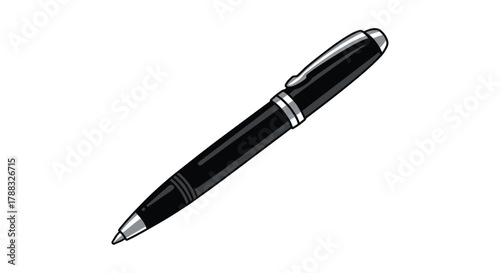 A simple illustration of a sleek black ballpoint pen on a white background