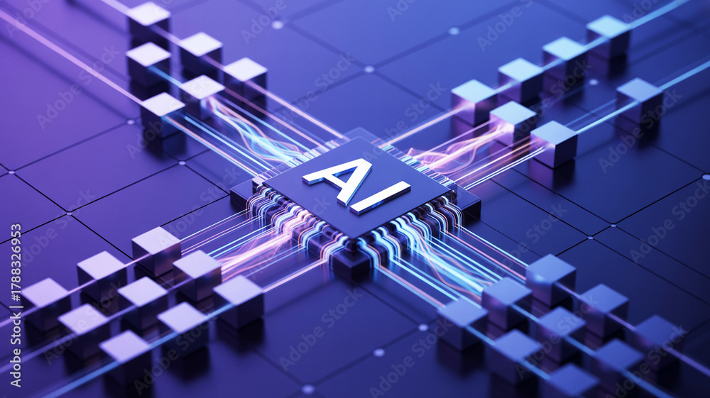 Obraz premium Close up of a ai chip with glowing connections on a grid background in shades of blue and purple