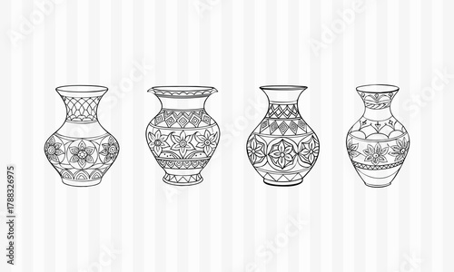 Artistic Pattern Vase Line Art Black and White Decorative Pottery Illustration