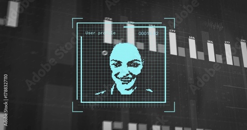 Displaying teal pixel portrait centered in dashboard grid, showing HUD brackets, User profile ID