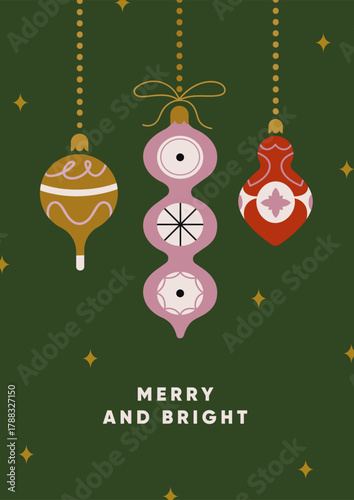 Christmas card design with Xmas baubles, ornaments in retro style. Festive seasonal postcard with hanging decorations, adornments, greeting New Year poster, typography. Flat vector illustration.