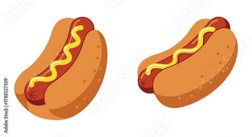 Two cartoon hot dogs with mustard on soft golden brown buns
