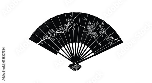 Elegant black folding fan featuring a crane blossoms and delicate branch design